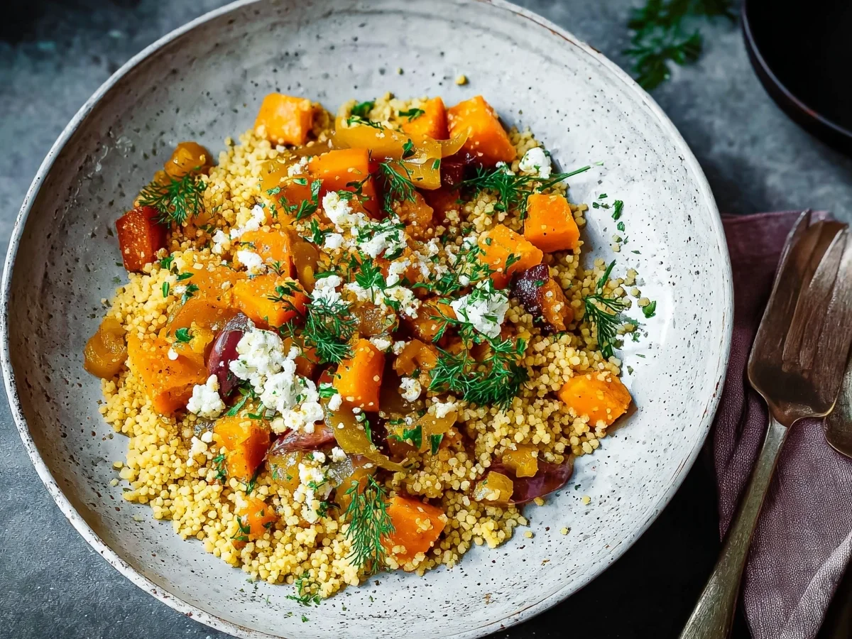 Herbstliche Couscouspfanne mit Kürbis in 25 Minuten - Beitragsbild