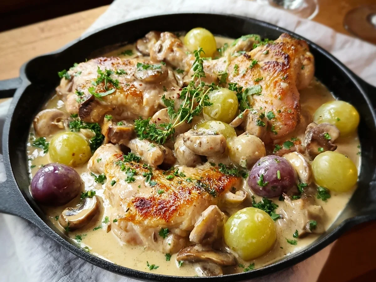 Hähnchen mit Champignons & Trauben in cremiger Soße - Beitragsbild