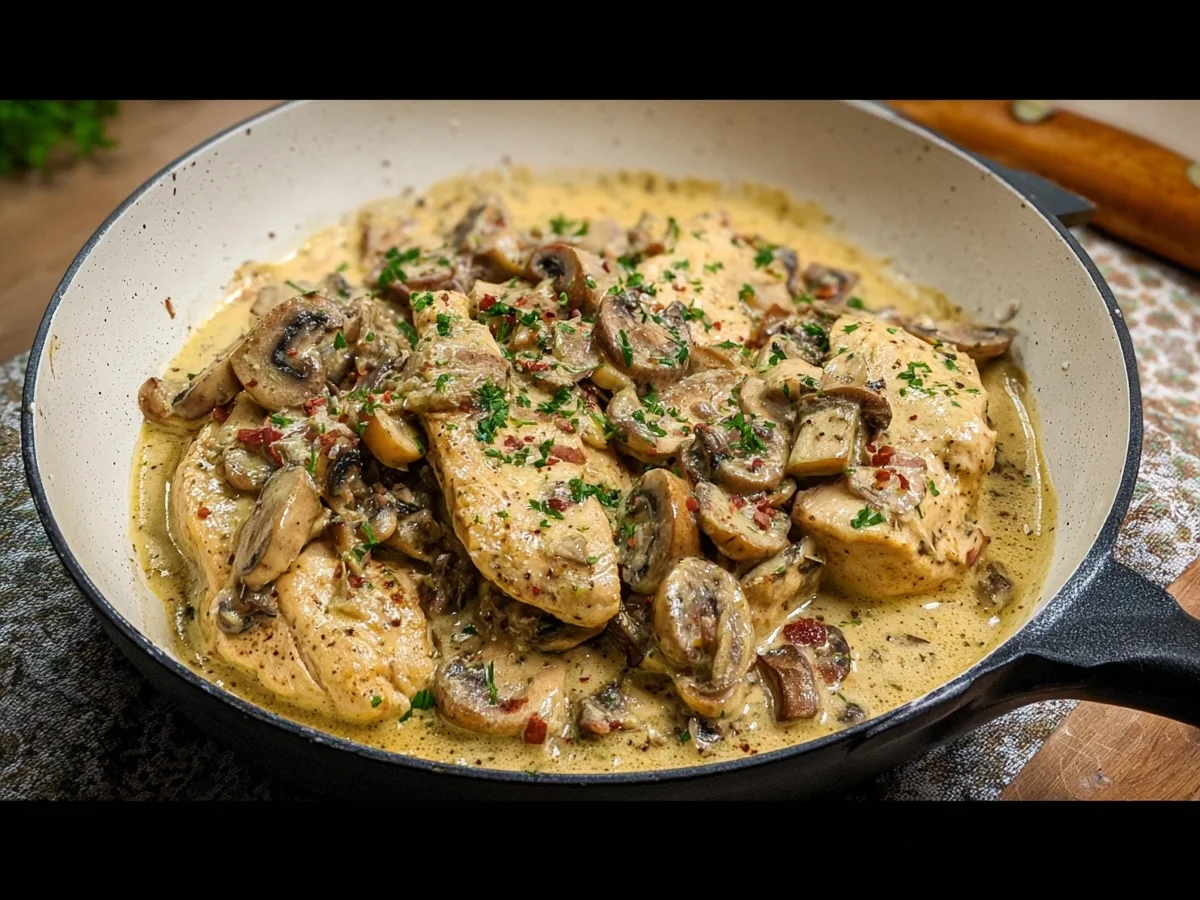 Hähnchengeschnetzeltes in Pfefferrahmsoße & Champignons - Beitragsbild