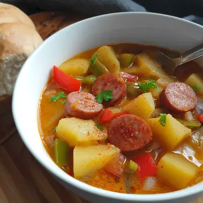 Kartoffelgulasch mit Würstchen: Einfaches & schnelles Rezept