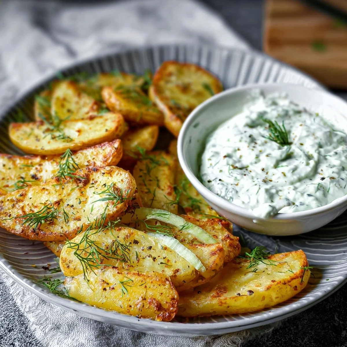 Kartoffelspalten mit Gurkendip: Einfaches Hauptgericht