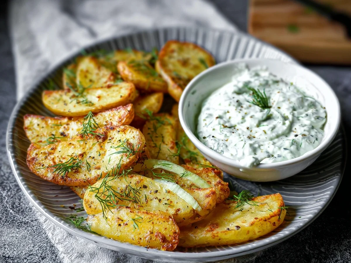 Kartoffelspalten mit Gurkendip: Einfaches Hauptgericht - Beitragsbild