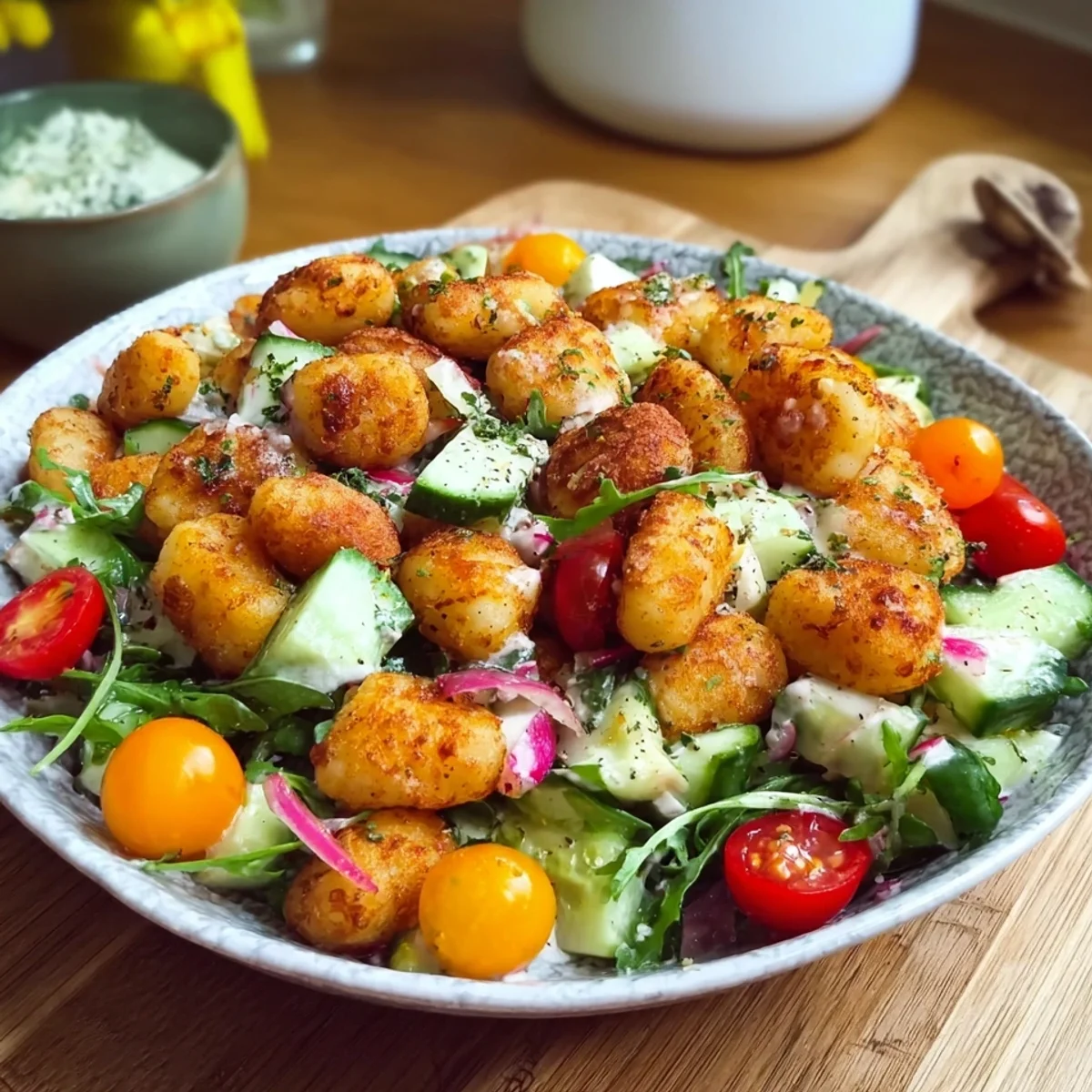 Knuspriger Gnocchi Salat mit frischem Gemüse