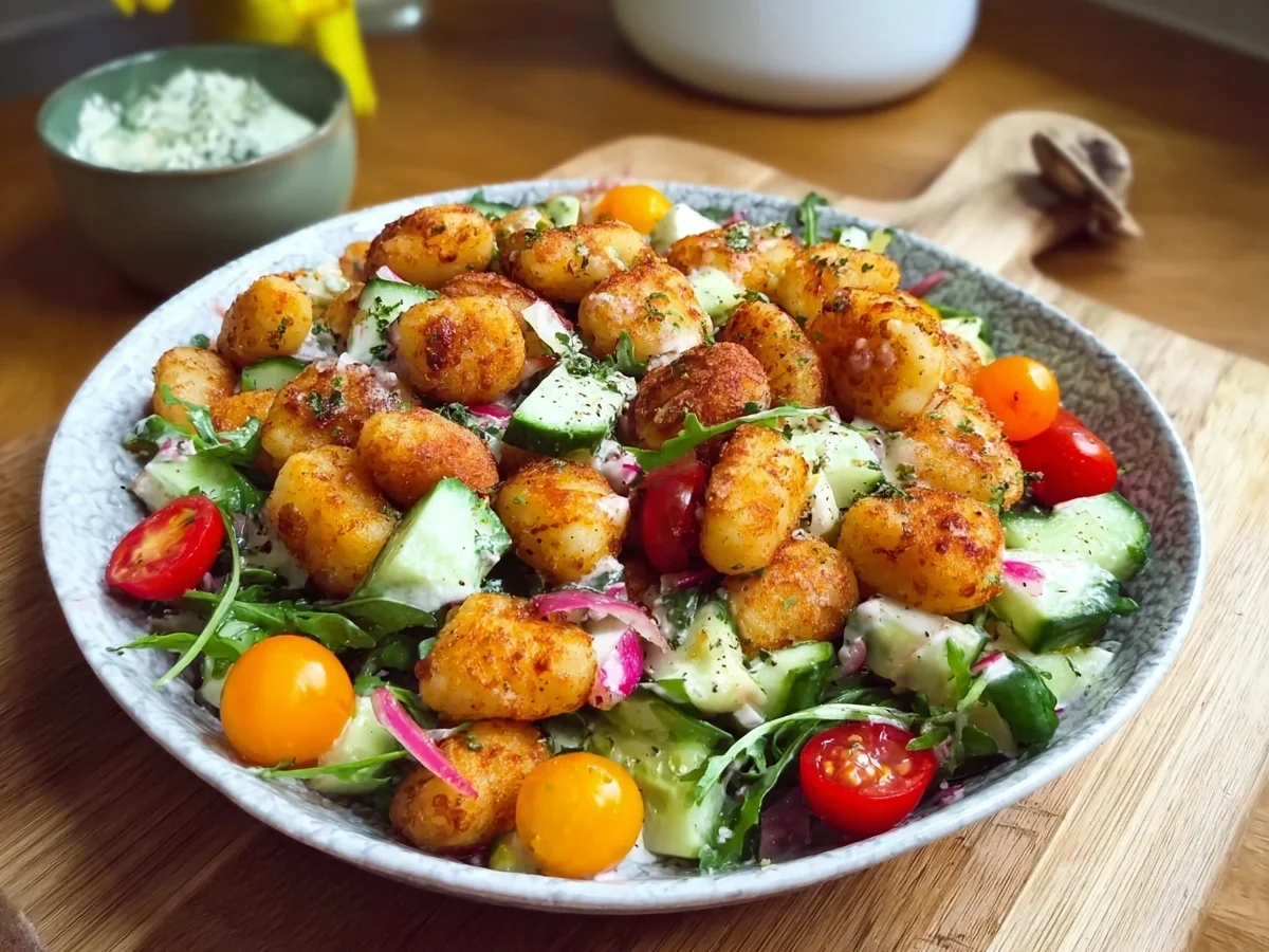Knuspriger Gnocchi Salat mit frischem Gemüse - Beitragsbild
