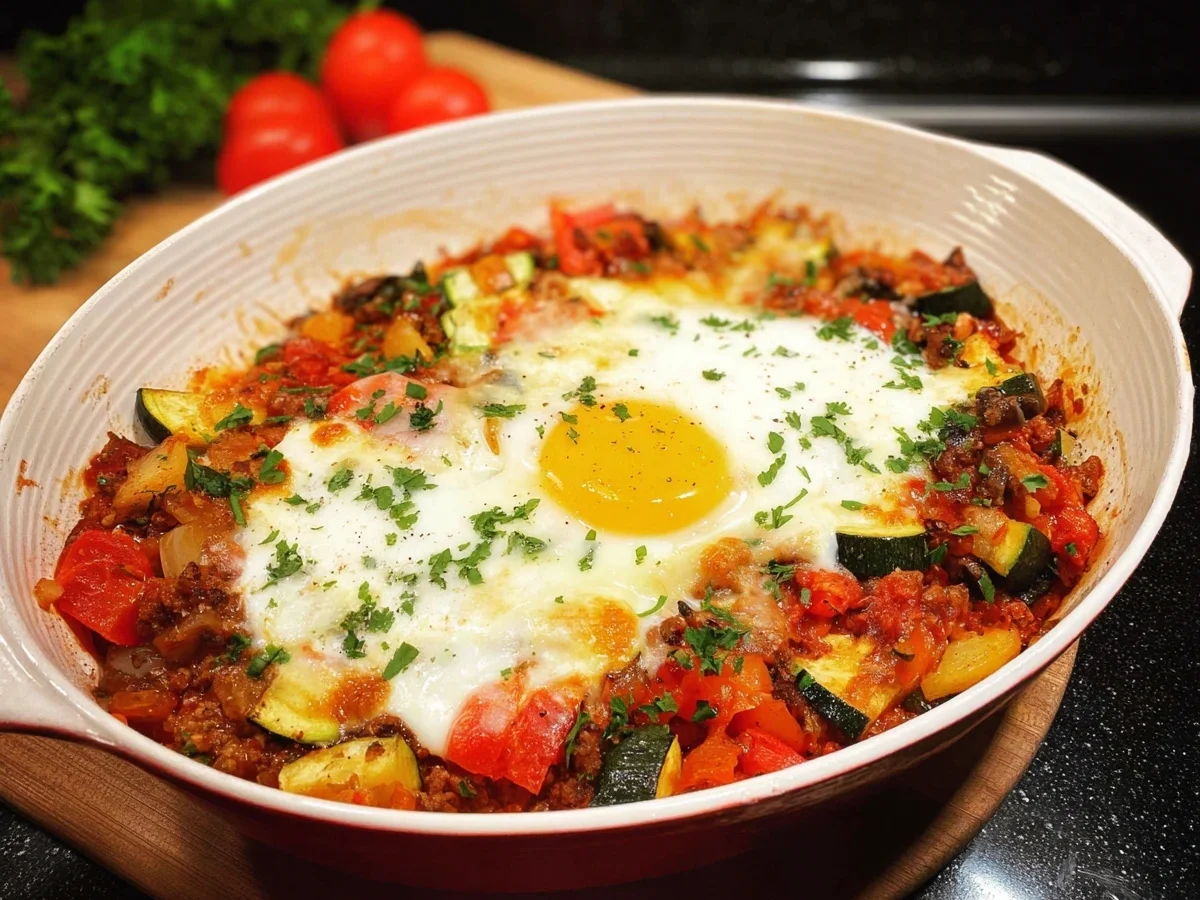 Low Carb Gemüse-Hackpfanne mit Spiegelei Überbacken - Beitragsbild