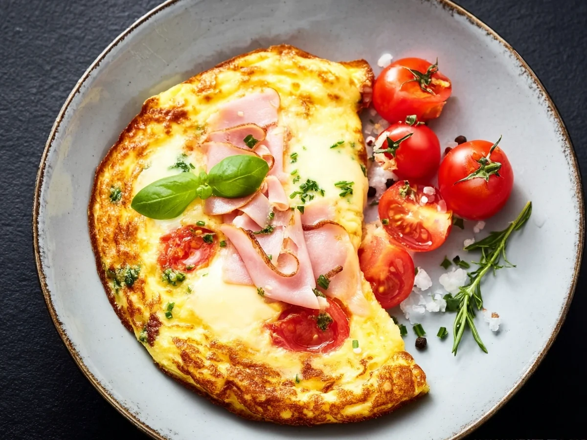 Low Carb Puten-Schinken-Käse-Omelett mit Tomaten - Beitragsbild