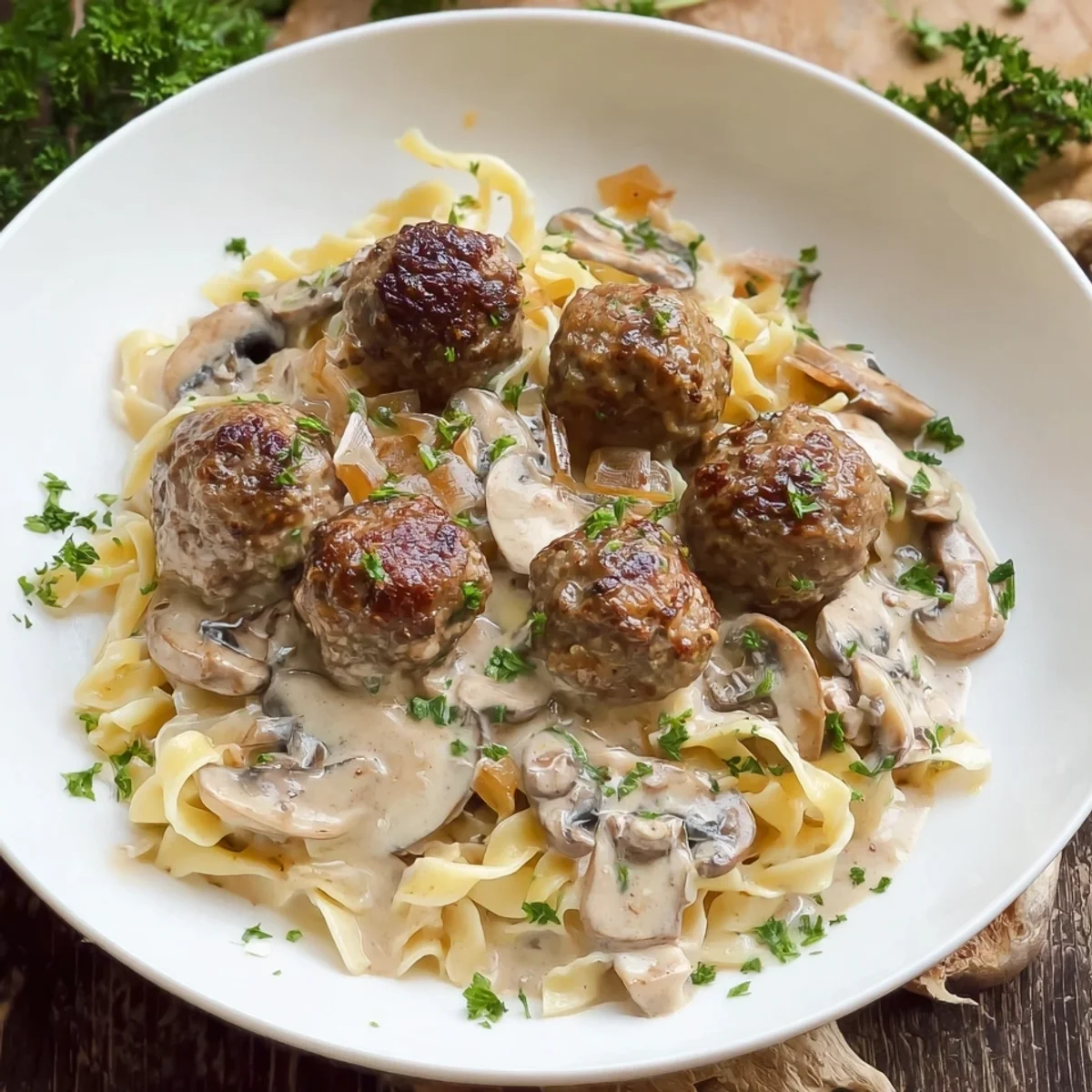 Nudeln mit Hackbällchen & Pilzen in cremiger Rahmsoße