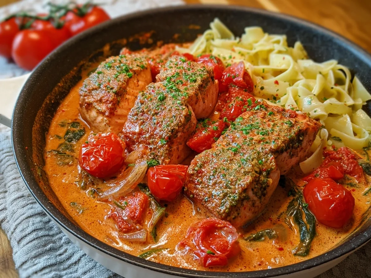 Ofenlachs in cremiger Tomaten-Sahnesoße: Schnell & Lecker - Beitragsbild