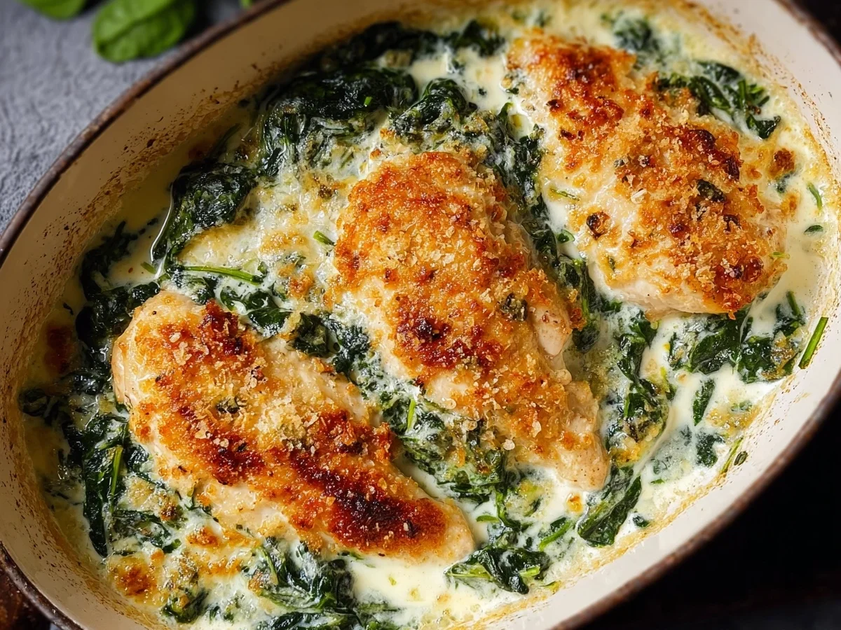 Parmesan Hähnchen in Spinatsoße: Einfaches Ofenrezept - Beitragsbild