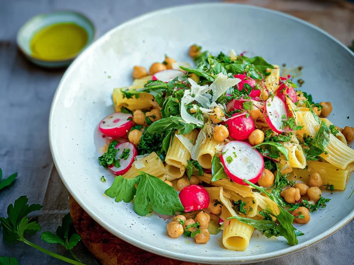 Pasta mit warmen Radieschen & Kichererbsen - Beitragsbild