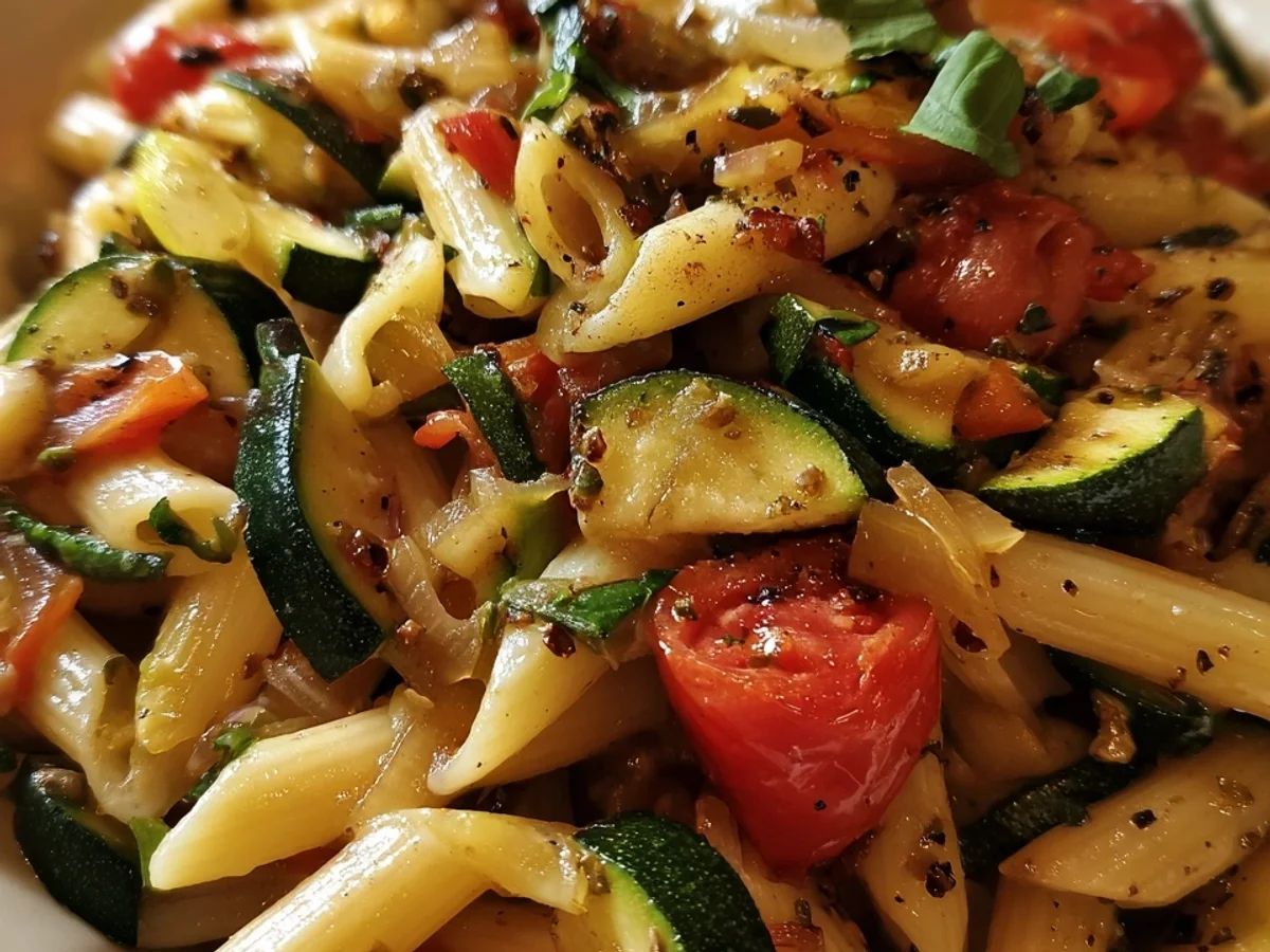 Pasta mit Zucchini, Tomaten & Knoblauch schnell & lecker - Beitragsbild