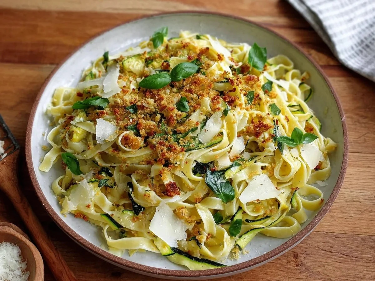 Pikante Sommer-Tagliatelle mit Zucchini & Zitronenbröseln - Beitragsbild