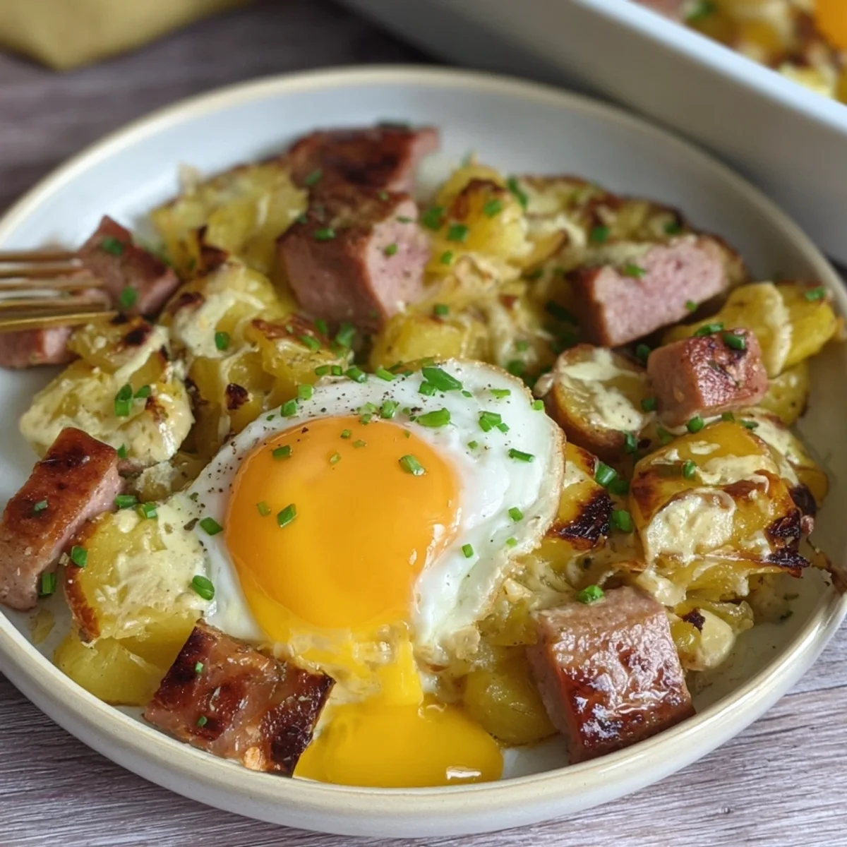 Rinder-Leberkäse-Kartoffelauflauf mit Spiegelei