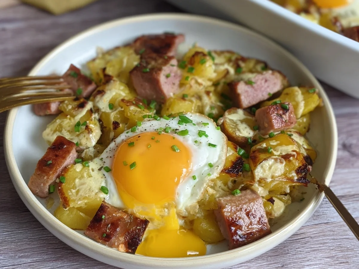 Rinder-Leberkäse-Kartoffelauflauf mit Spiegelei - Beitragsbild