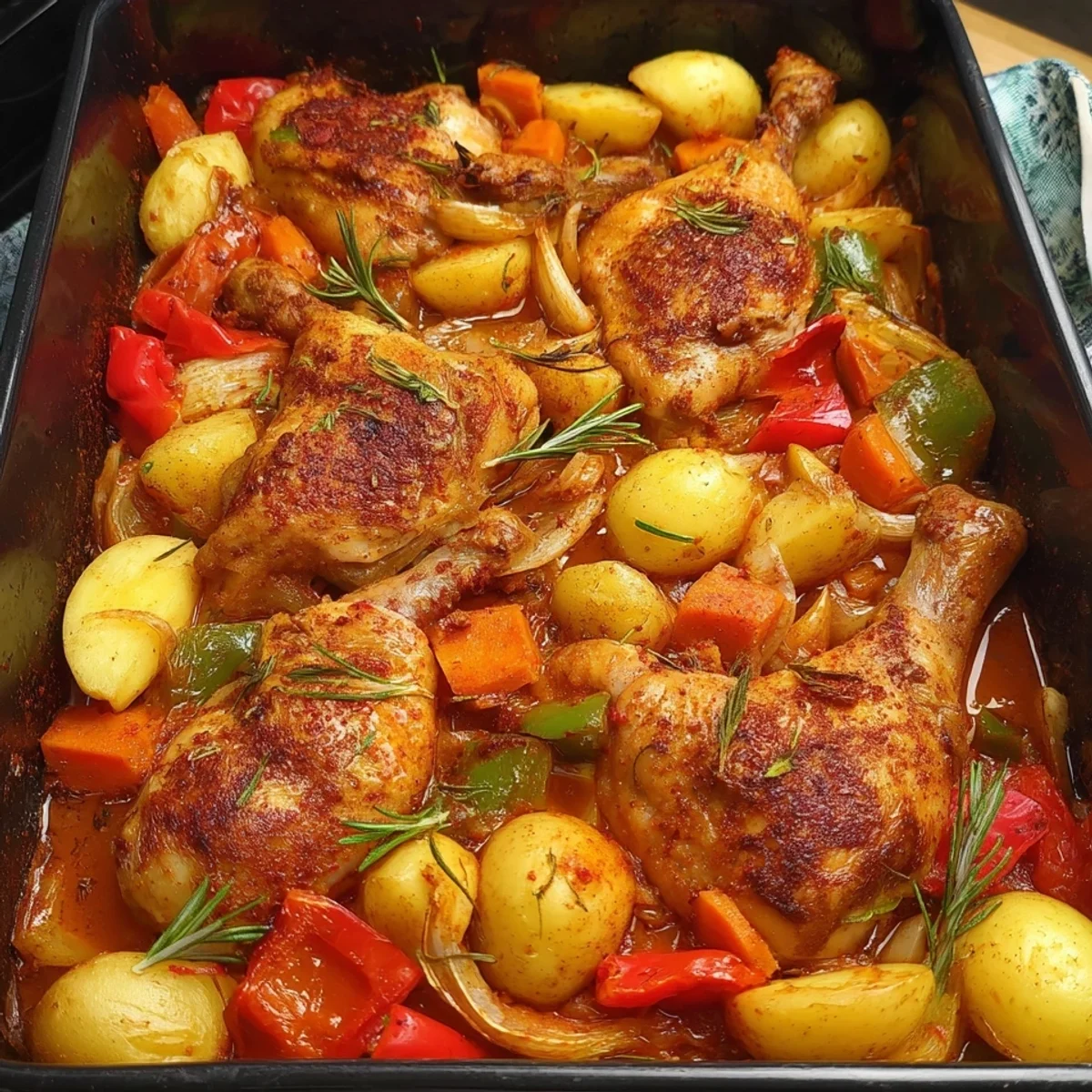 Saftige Hähnchenschenkel mit Kartoffel-Gemüse vom Ofen