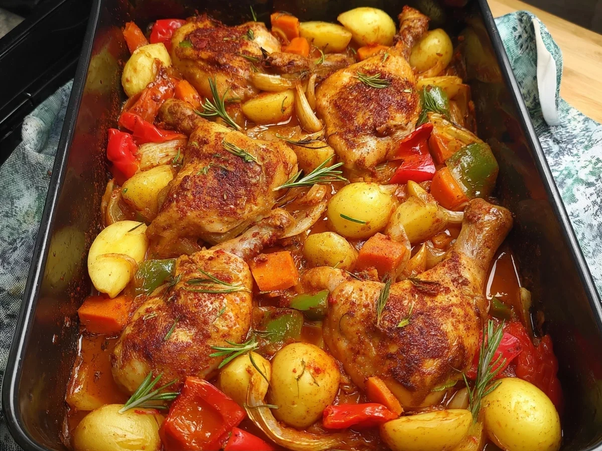 Saftige Hähnchenschenkel mit Kartoffel-Gemüse vom Ofen - Beitragsbild