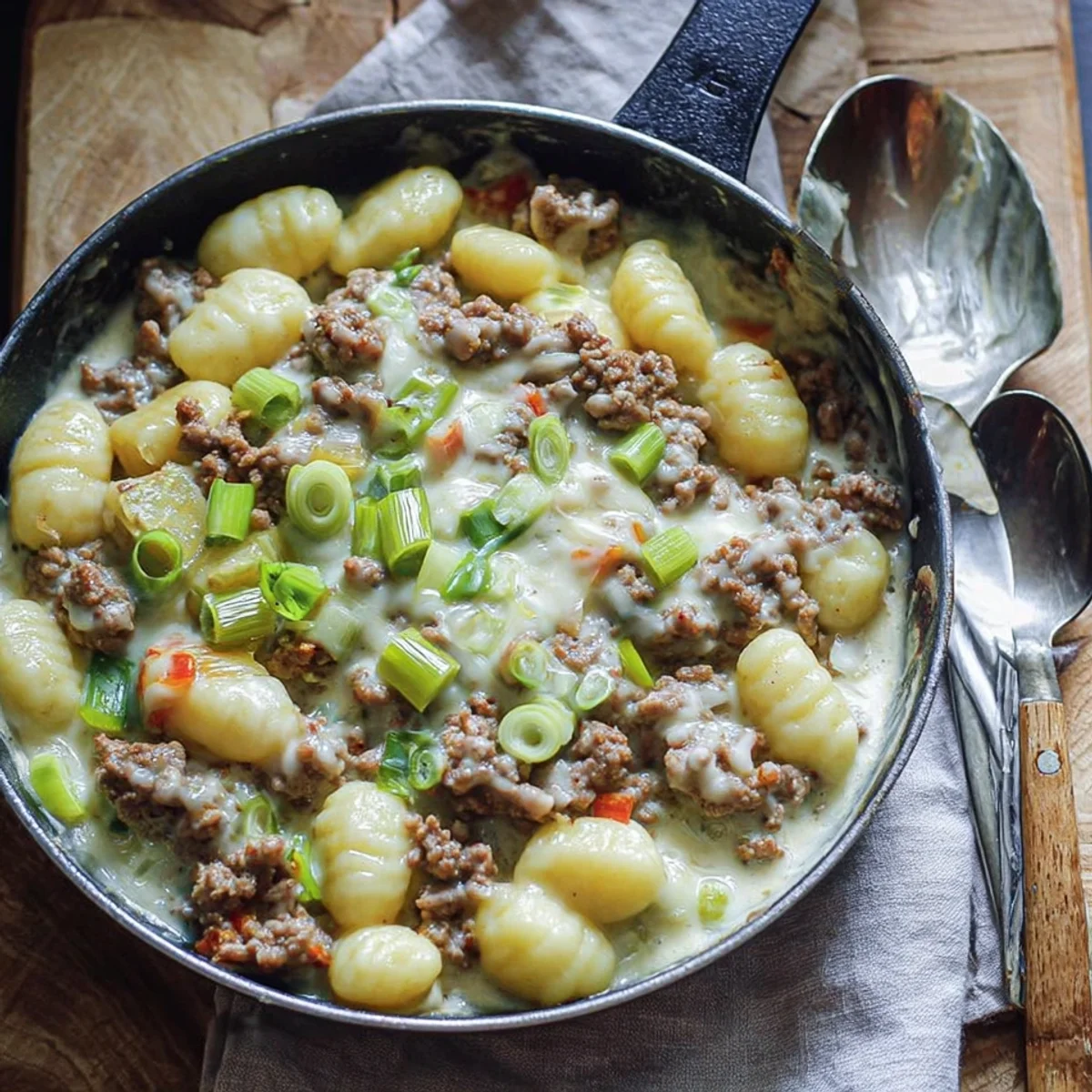 Schnelle Gnocchi Hackfleisch Pfanne mit Lauch & Käse