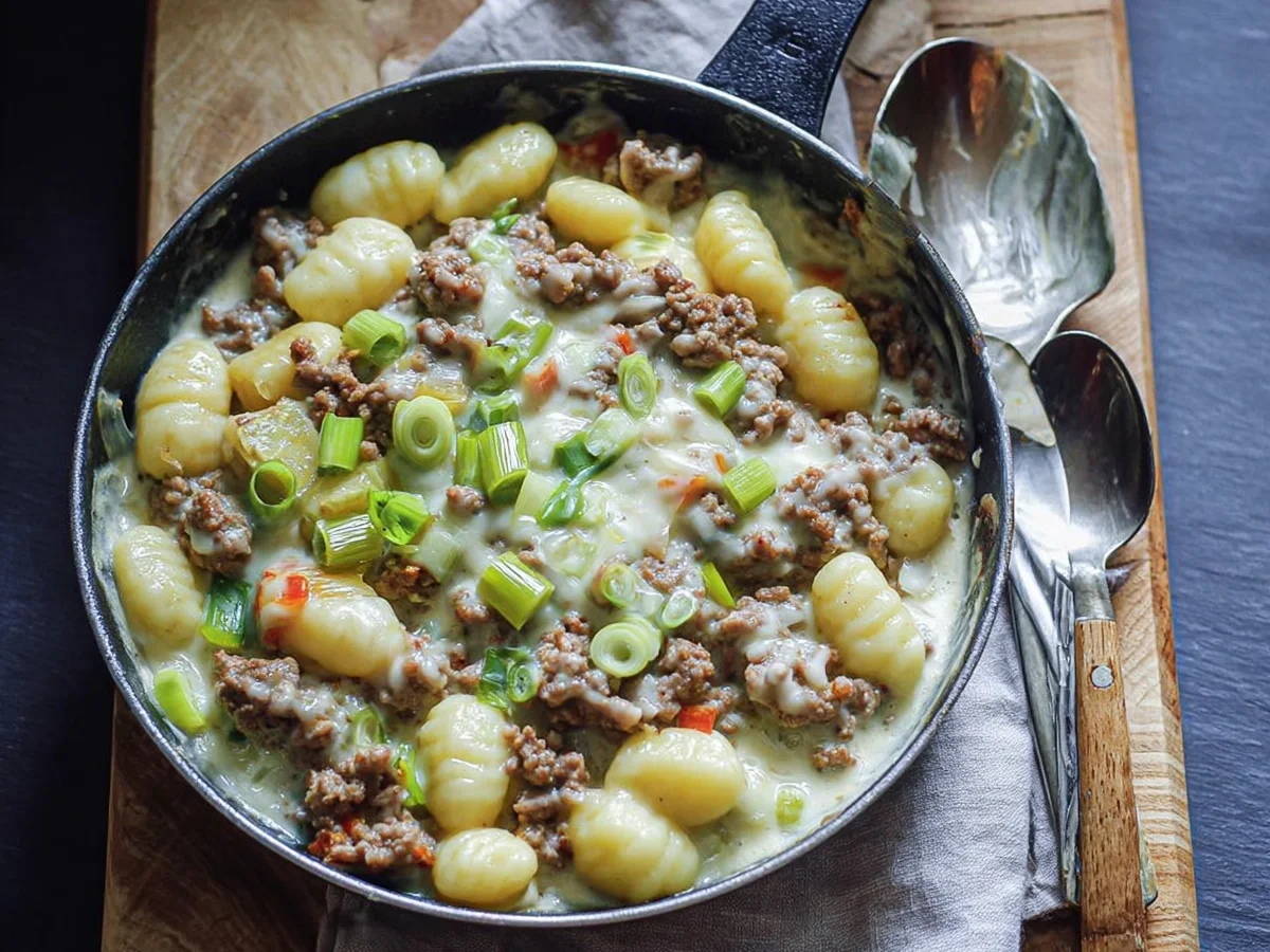 Schnelle Gnocchi Hackfleisch Pfanne mit Lauch & Käse - Beitragsbild