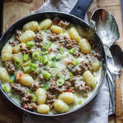 Schnelle Gnocchi Hackfleisch Pfanne mit Lauch & Käse