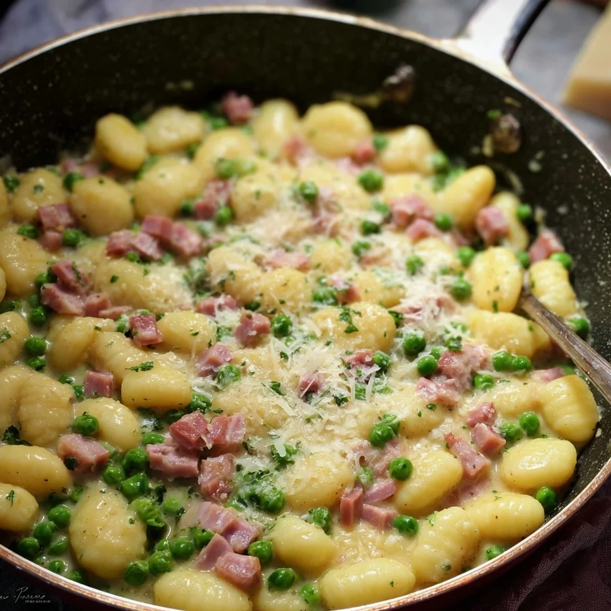 Schnelle One Pot Gnocchi mit Erbsen & Truthahnschinken