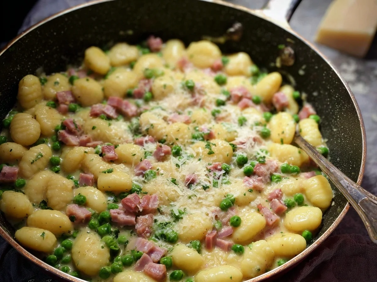 Schnelle One Pot Gnocchi mit Erbsen & Truthahnschinken - Beitragsbild
