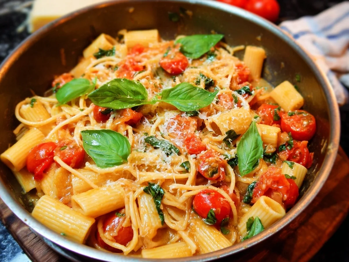Schnelle One Pot Pasta mit Tomaten & Basilikum - Beitragsbild