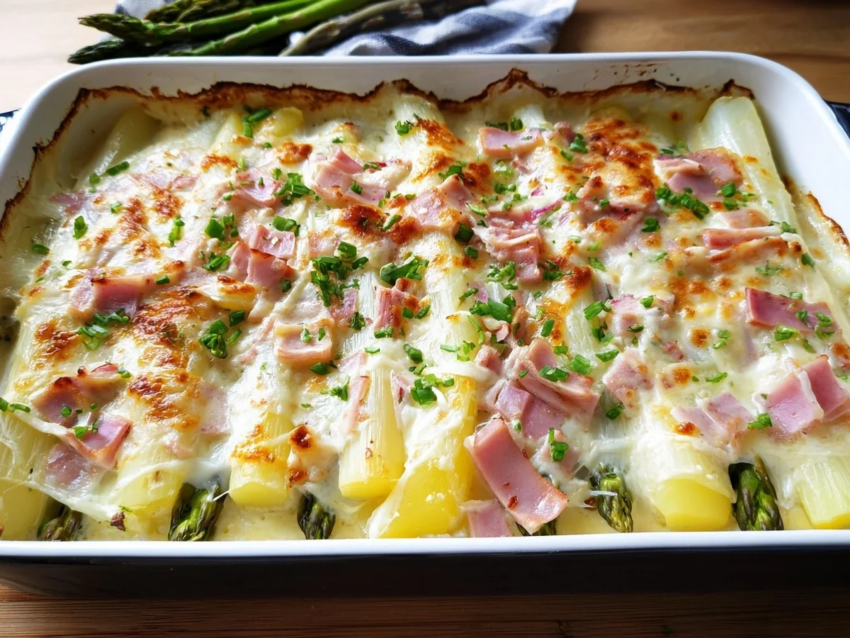 Schneller Spargelauflauf mit Kartoffeln & Putenschinken - Beitragsbild