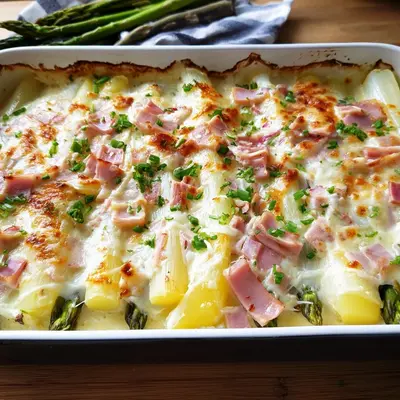 Schneller Spargelauflauf mit Kartoffeln & Putenschinken