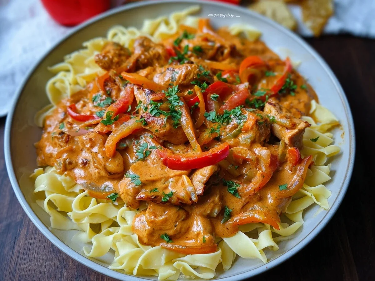 Schnelles Paprika Sahne Hähnchen mit Bandnudeln - Beitragsbild