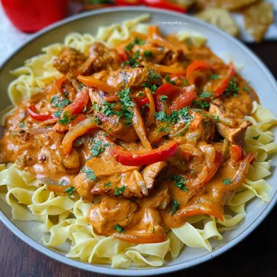 Schnelles Paprika Sahne Hähnchen mit Bandnudeln