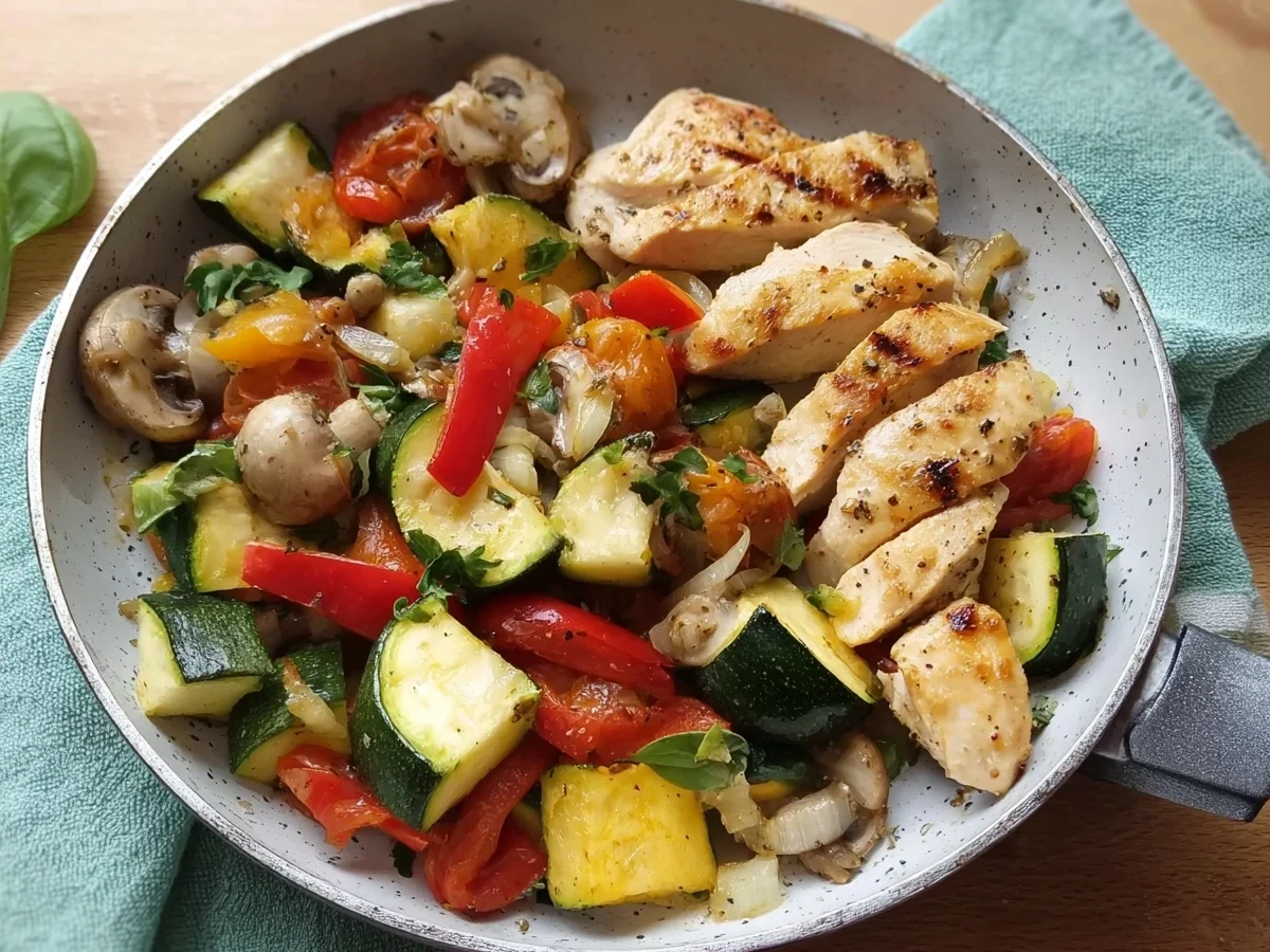 Schnelles Pfannengemüse mit Hähnchen: Proteinreich & einfach - Beitragsbild