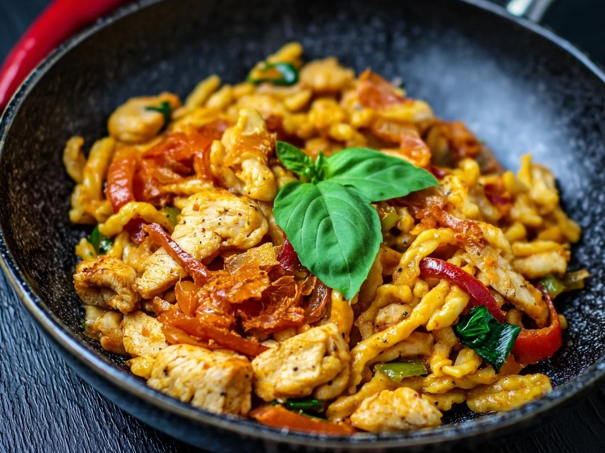Spätzlepfanne mit Hähnchen & Ajvar: Schnell & einfach - Beitragsbild