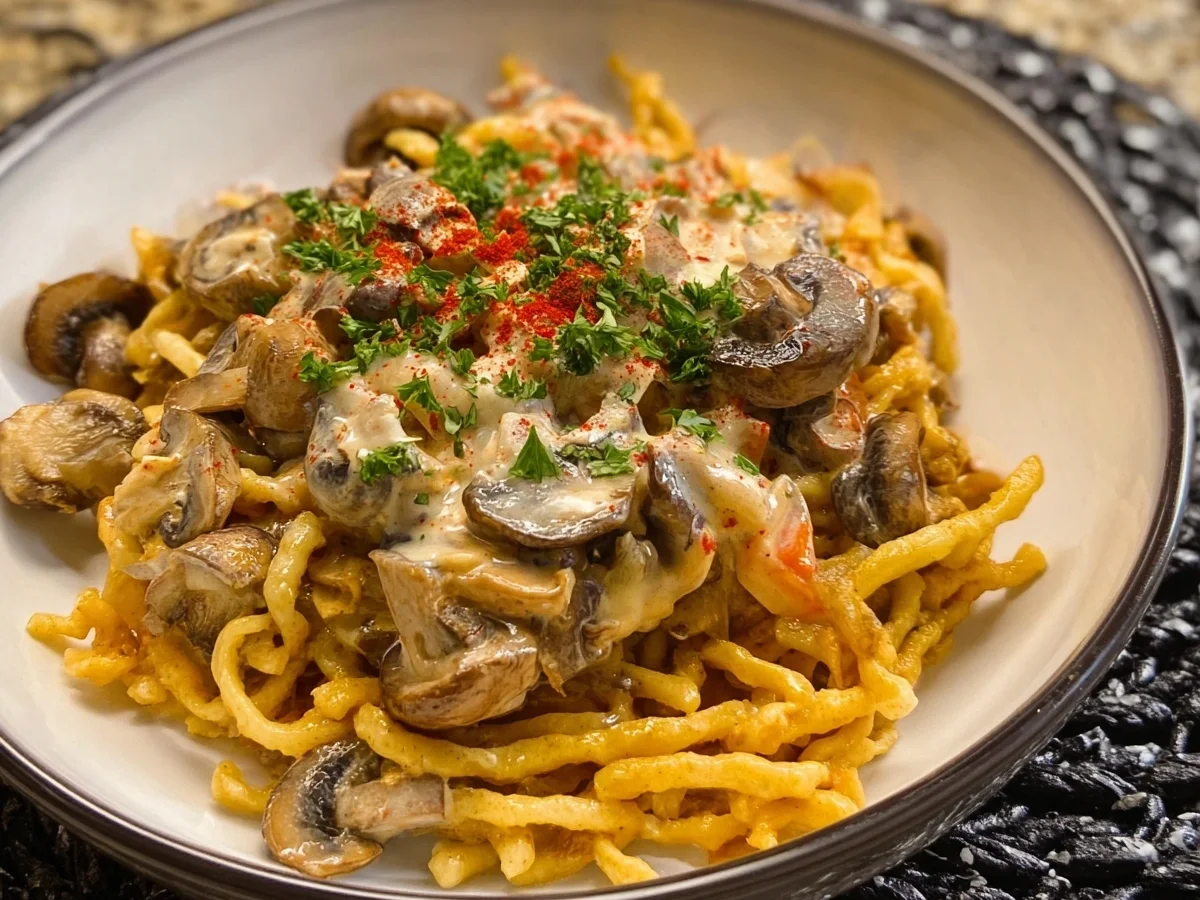 Vegetarische Paprika Spätzle mit Champignons - Beitragsbild