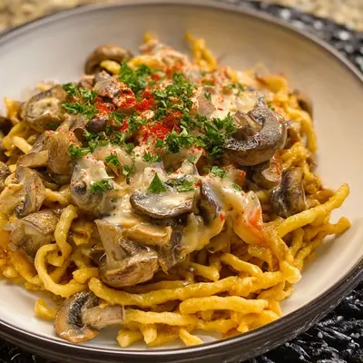 Vegetarische Paprika Spätzle mit Champignons